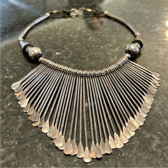 Vintage Jewelry - Vintage Mid-Century Modern MCM Boho Bohemian Art Deco Brass Leather Bib Necklace